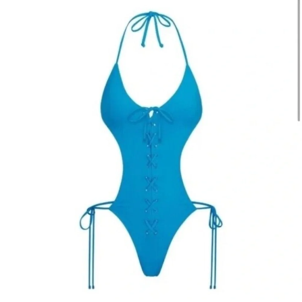 SKIMS (B13) 1 Piece Cut Out Halter ties lace up Monokini Swim Turquoise 2X NWT